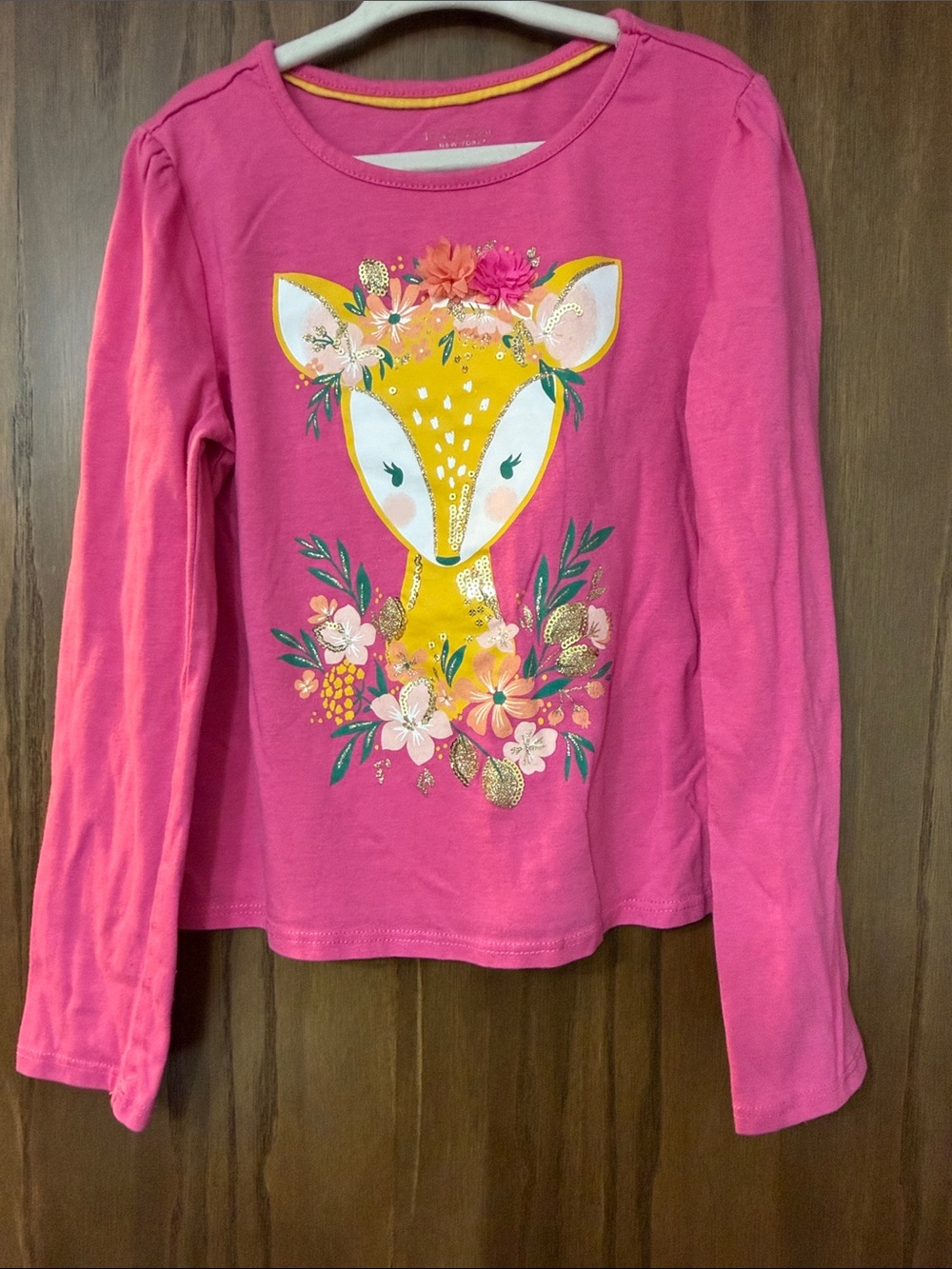 Isaac Mizrahi Pink Long-Sleeve Tee with Yellow Floral Deer Graphic